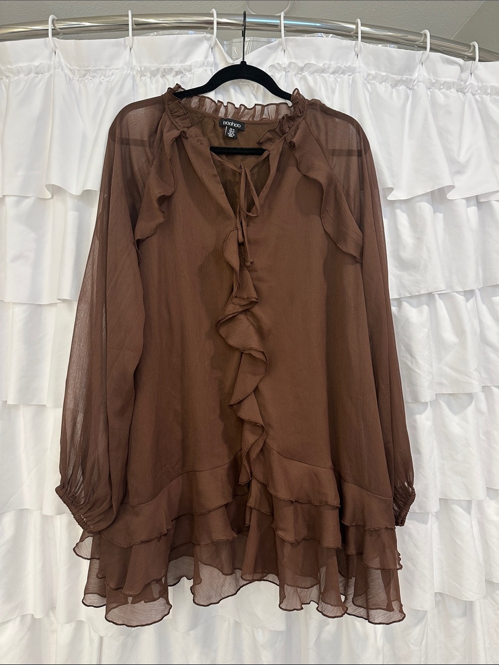 BCBG Chocolate Brown Ruffle Sheer Long-Sleeve Blouse